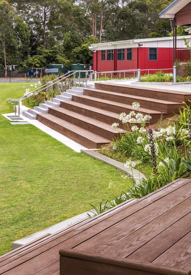 Wooden seating at Loreto Normanhurst construction project by FAL Construction
